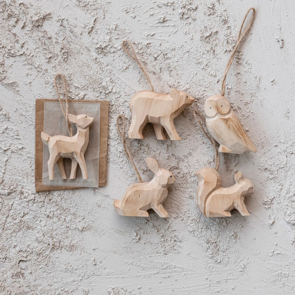 Hand-Carved Wood Forest Animal Ornament | 5 Styles