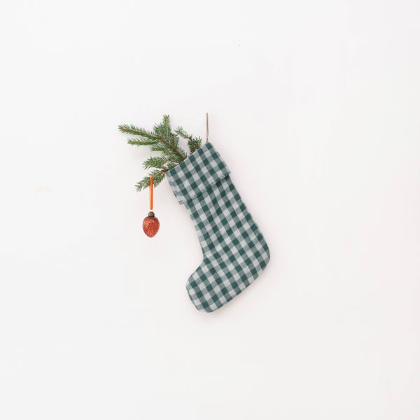 Forest Green Gingham Linen Christmas Stocking