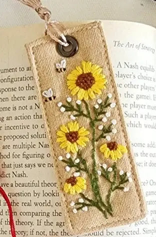 Retro Linen Bookmark With Floral Embroidery