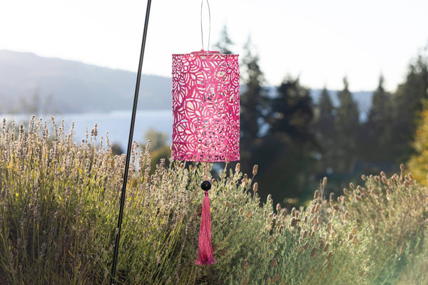 Stella Tassel 28.5" Cylinder Solar Lantern - Raspberry