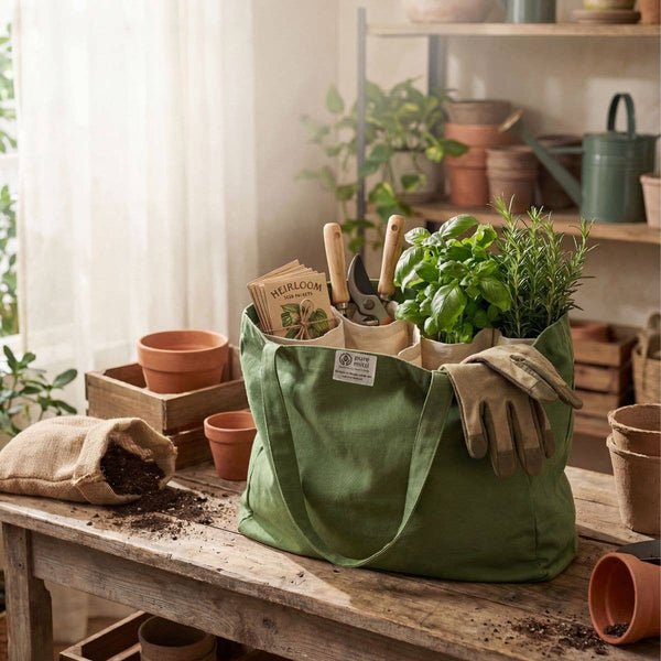 Multi-Pocket 100% Cotton Garden Tote – Sage Green