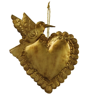 Antique Gold Hummingbird on Heart
