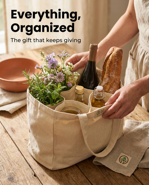 Multi-Pocket 100% Cotton Grocery Tote – Natural