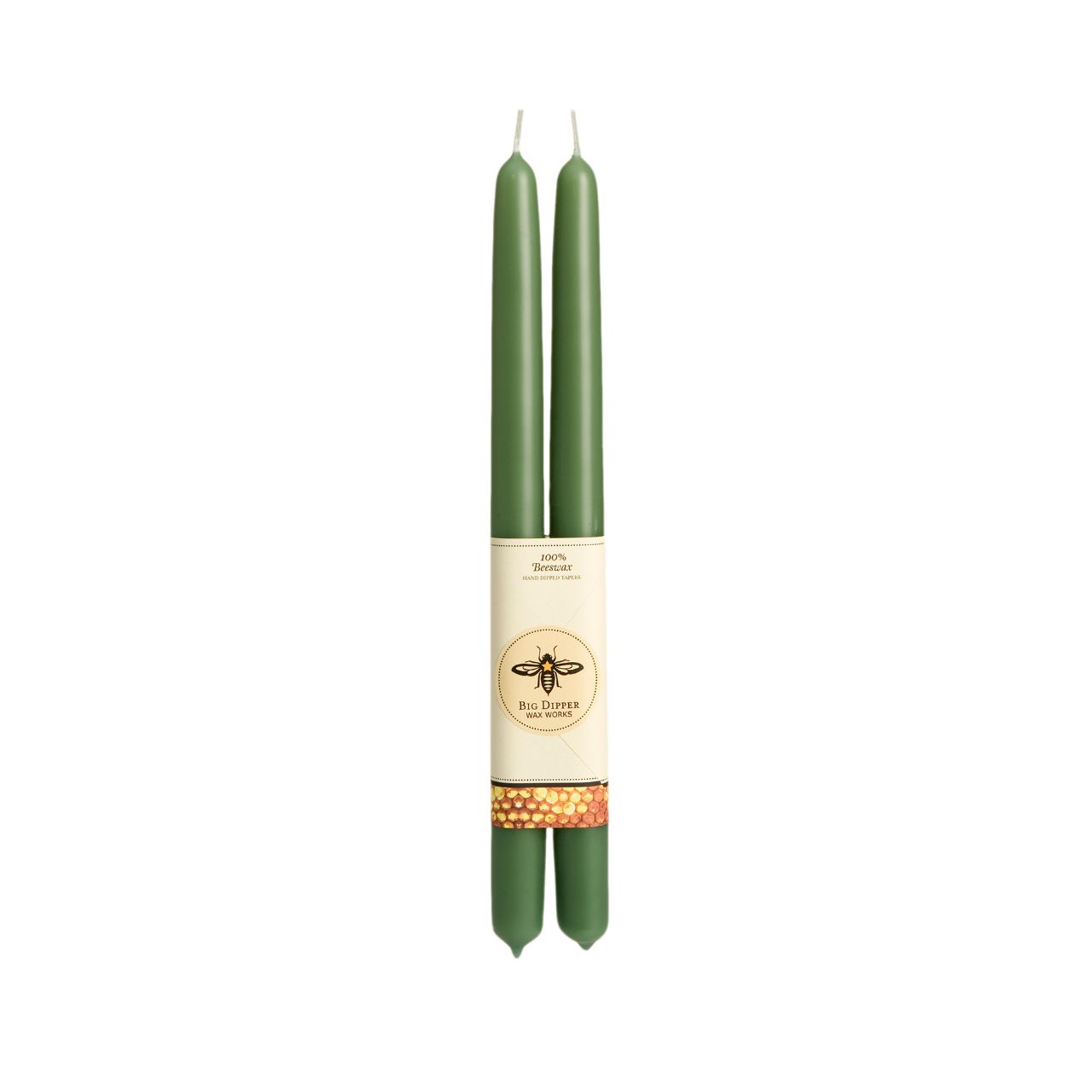 Two tall moss green candles made from 100% beeswax.