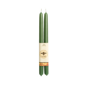 Two tall moss green candles made from 100% beeswax.