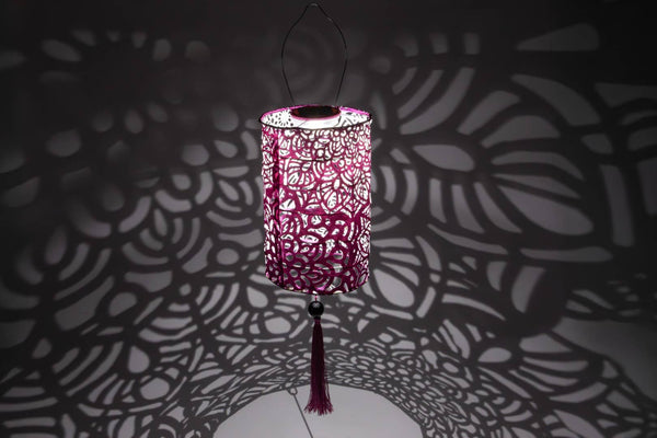 Stella Tassel 28.5" Cylinder Solar Lantern - Raspberry