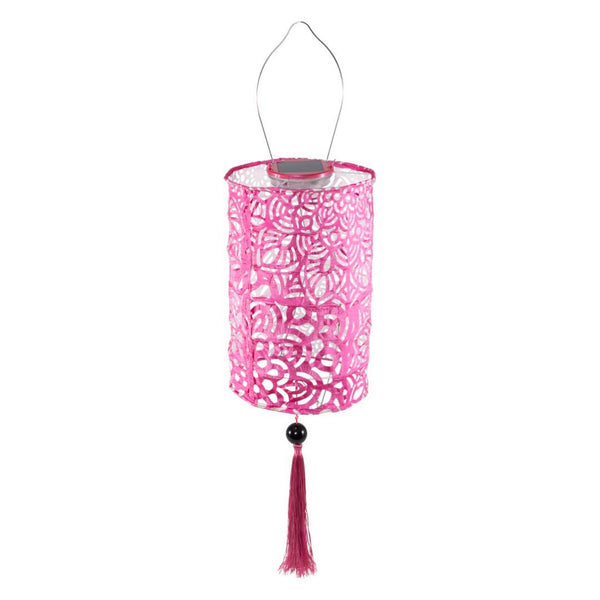 Stella Tassel 28.5" Cylinder Solar Lantern - Raspberry