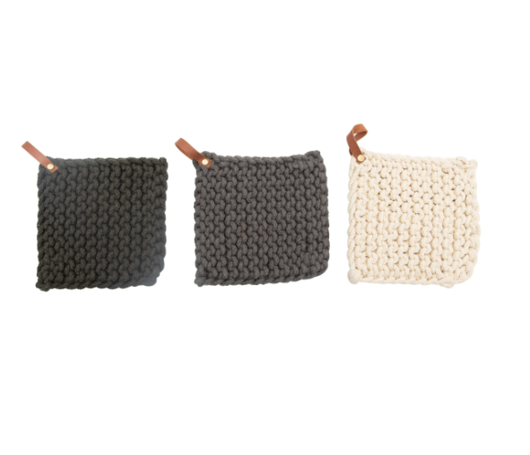 Cotton Crocheted Pot Holder w/ Leather Loop, various colors