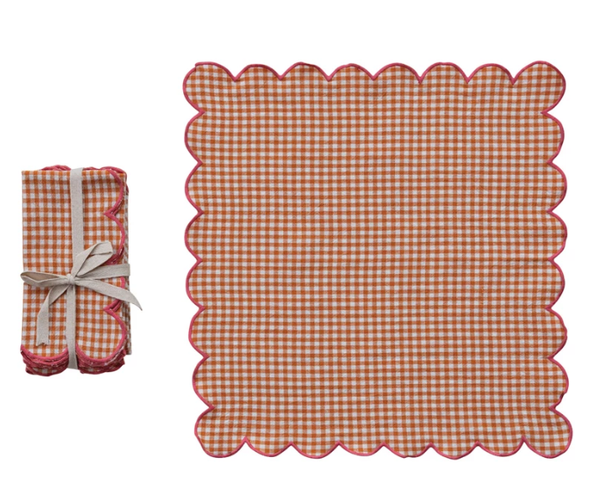 Cotton Scalloped Napkins, Set of 4, Orange Check