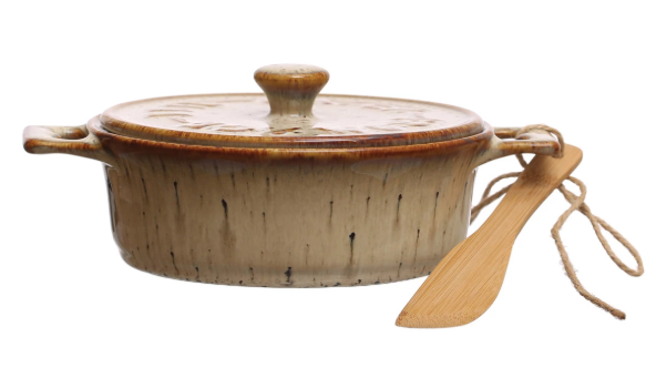 Stoneware Brie Baker with Bamboo Spreader, Brown
