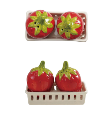 Strawberry Shaped Salt & Pepper Shakers with Berry Basket Shaped Holder