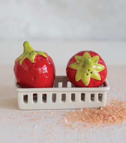 Strawberry Shaped Salt & Pepper Shakers with Berry Basket Shaped Holder