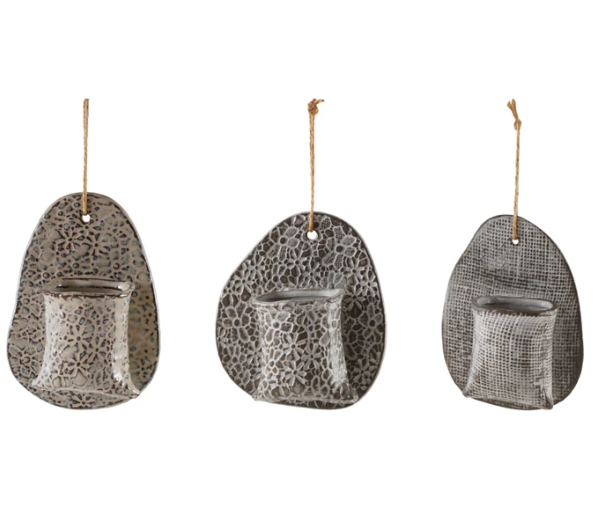Wall Vase with Embossed Stamp Pattern & Jute Hanger, 3 Styles