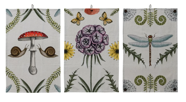 Tea Towel with Animals & Botanicals, 3 Styles