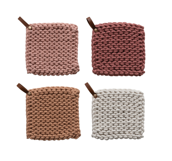 Cotton Crocheted Pot Holder w/ Leather Loop, various colors