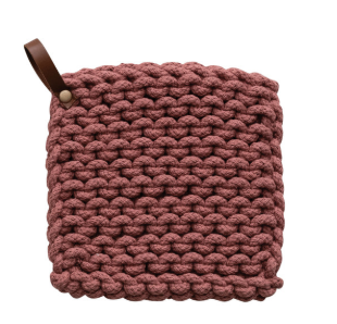 Cotton Crocheted Pot Holder w/ Leather Loop, various colors