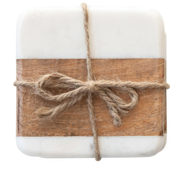 Marble and Acacia Wood Coasters, Set of 4  |  White & Natural