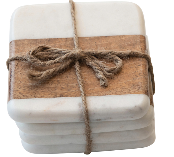 Marble and Acacia Wood Coasters, Set of 4  |  White & Natural