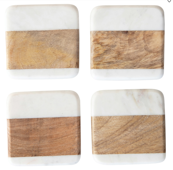 Marble and Acacia Wood Coasters, Set of 4  |  White & Natural