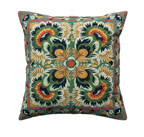 18" Square Cotton Embroidered Pillow w/ Pattern