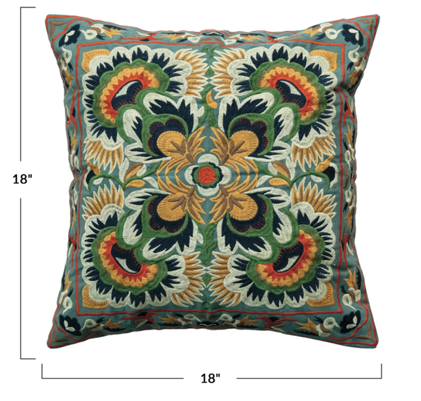 18" Square Cotton Embroidered Pillow w/ Pattern