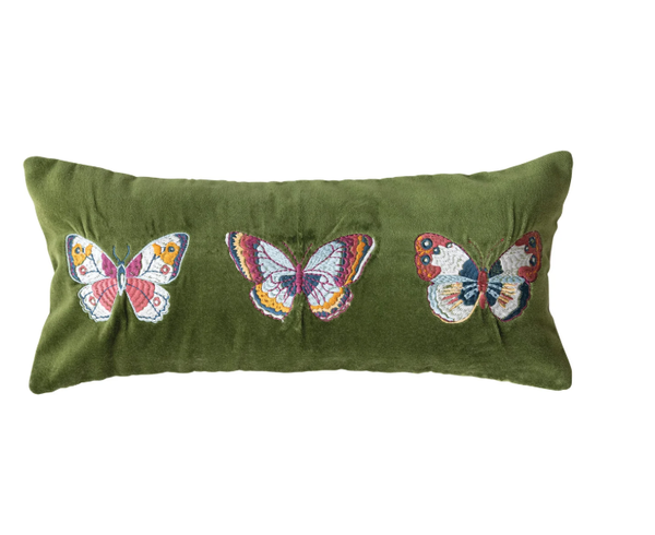 Cotton Velvet Lumbar Pillow with Embroidered Butterflies