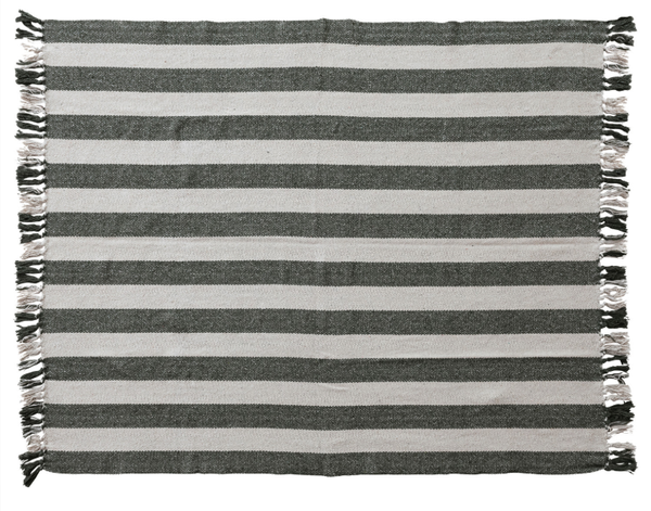 Recycled Cotton Striped Throw with Fringe, Natural & Green