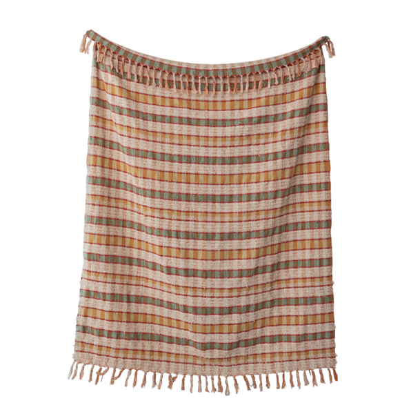 Woven Cotton Slub & Wool Striped Throw with Fringe