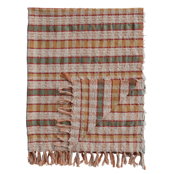 Woven Cotton Slub & Wool Striped Throw with Fringe