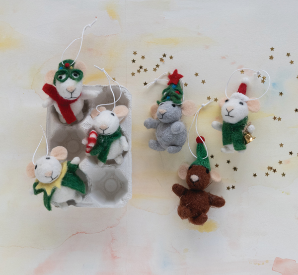 Wool Felt Mice Ornaments, Set of 6