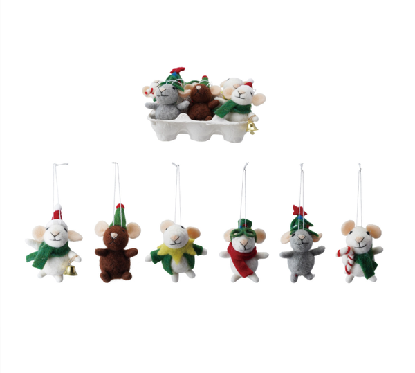 Wool Felt Mice Ornaments, Set of 6