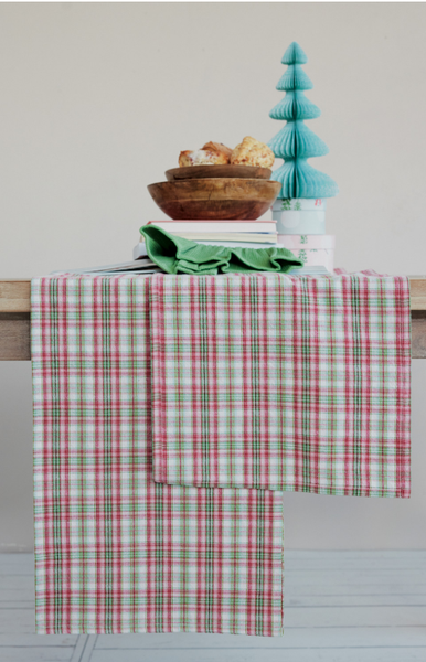 Woven Cotton Table Runner with Plaid Pattern