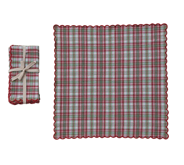 Woven Cotton Scalloped Napkins with Stitched Edges, Set of 4