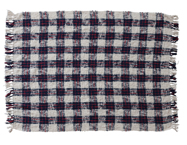 Woven Cotton Throw with Buffalo Check Pattern & Fringe
