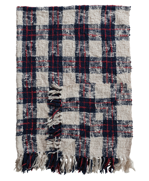 Woven Cotton Throw with Buffalo Check Pattern & Fringe