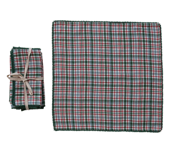 Woven Cotton Napkins with Plaid Pattern & Mini Pom Pom Trim, Set of 4