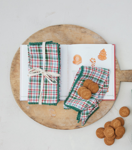 Woven Cotton Napkins with Plaid Pattern & Mini Pom Pom Trim, Set of 4