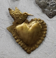 Antique Gold Hummingbird on Heart