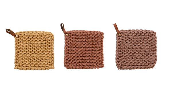 Cotton Crocheted Pot Holder w/ Leather Loop, various colors