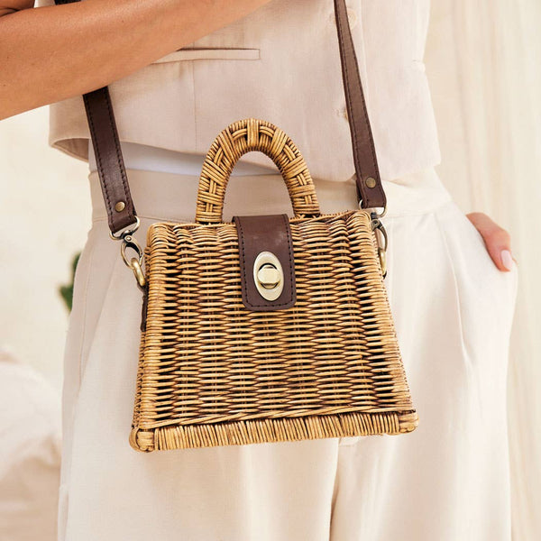 Rattan Petite Handbag with Detachable Crossbody Strap