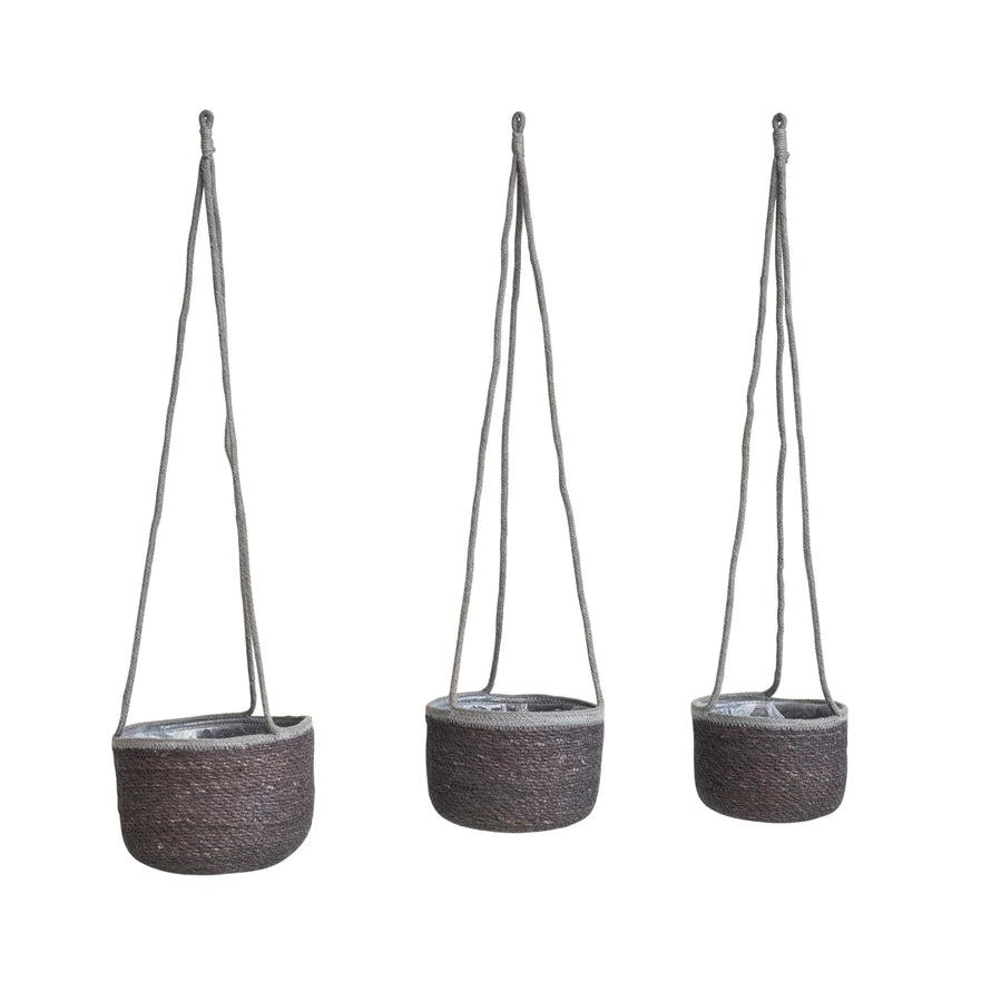 grey hanging planter Seagrass Hanging Planter w/ Jute Rope Hanger & Plastic Lining, Grey