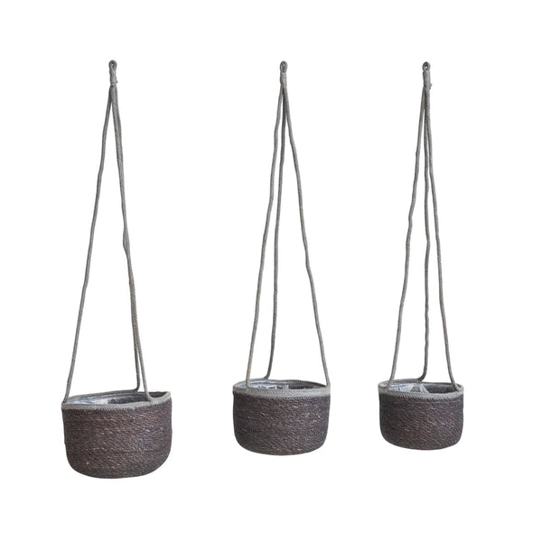 Seagrass Hanging Planter w/ Jute Rope Hanger & Plastic Lining, Grey