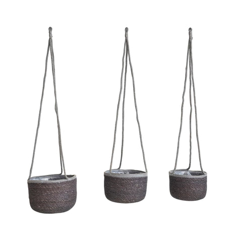 Seagrass Hanging Planter w/ Jute Rope Hanger & Plastic Lining, Grey