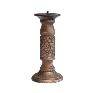 Hand-Carved Mango Wood Candle Holder w/ Design, Walnut Finish