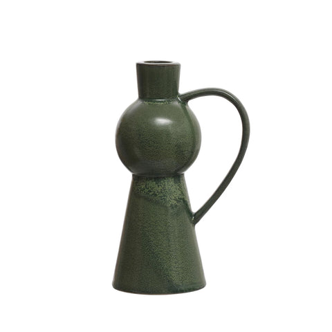 Stoneware Taper Holder w/ Handle, Green