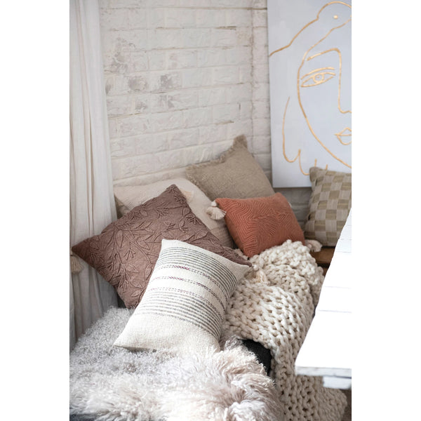 Cotton & Linen Blend Lumbar Pillow w/ Embroidered Stripes