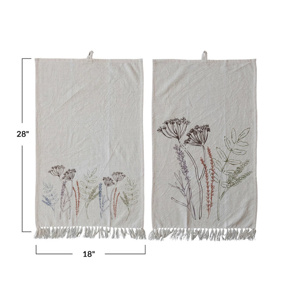 Cotton Printed Kitchen Towel w/ Flowers & Fringe, 2 Styles