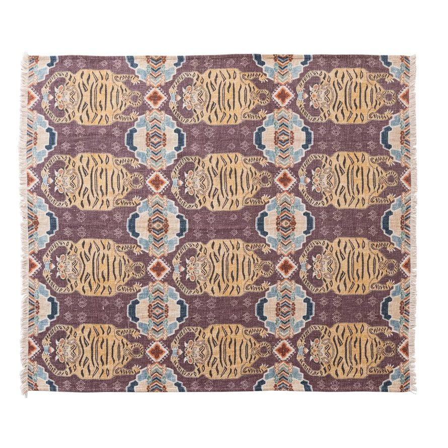 Cotton Throw w/ Tibetan Tiger and Fringe
