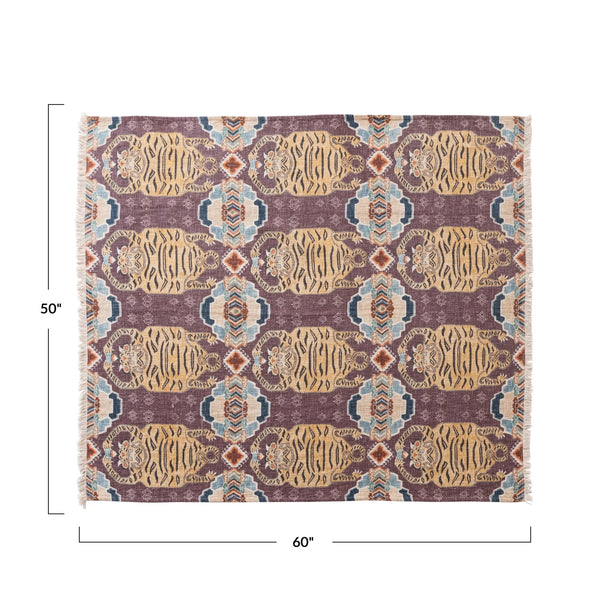 Cotton Throw w/ Tibetan Tiger and Fringe