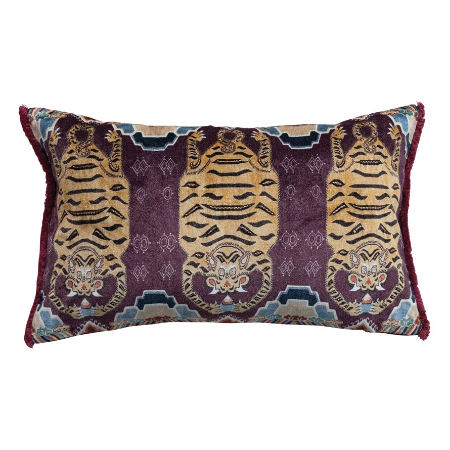 Cotton/Velvet Throw Pillow w/ Tigers